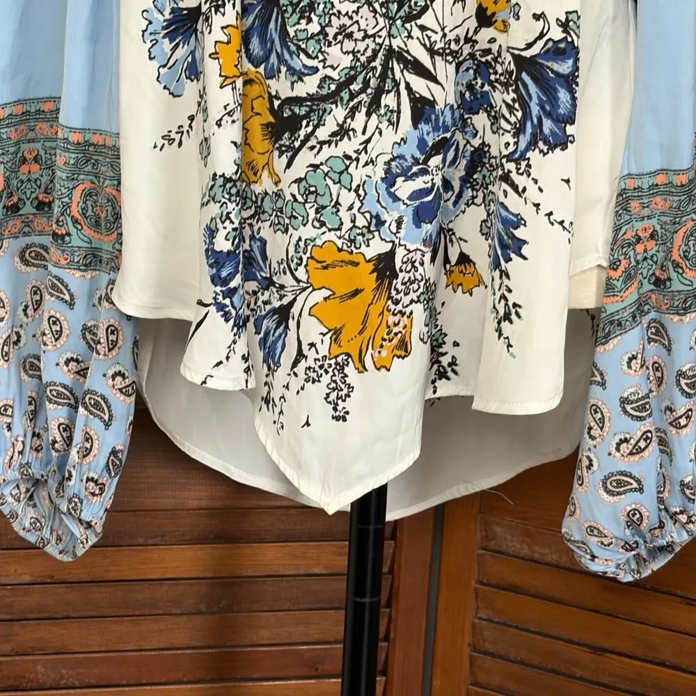 Free People Positano Printed Peasant Top Boho Prairie Cottage Flowy Size M